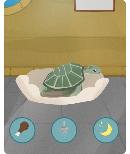 Imagem do nosso jogo, tartaruga em uma cama, botões de dormir, comer e banheiro.
